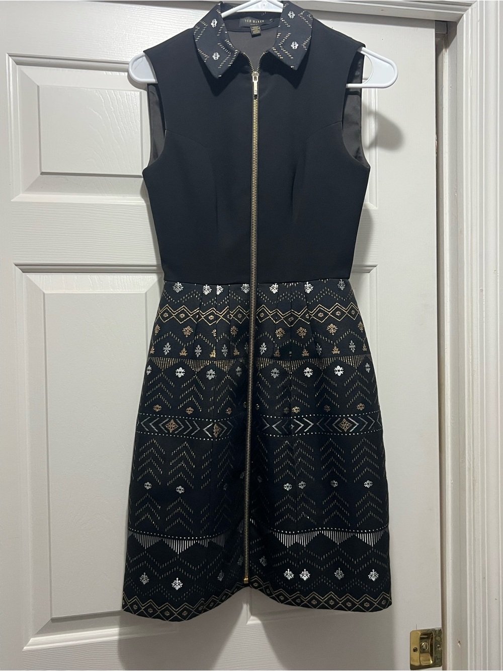 BCBGMaxAzria Black Sleeveless Zip-Front Dress with Gold & Silver Embellishment